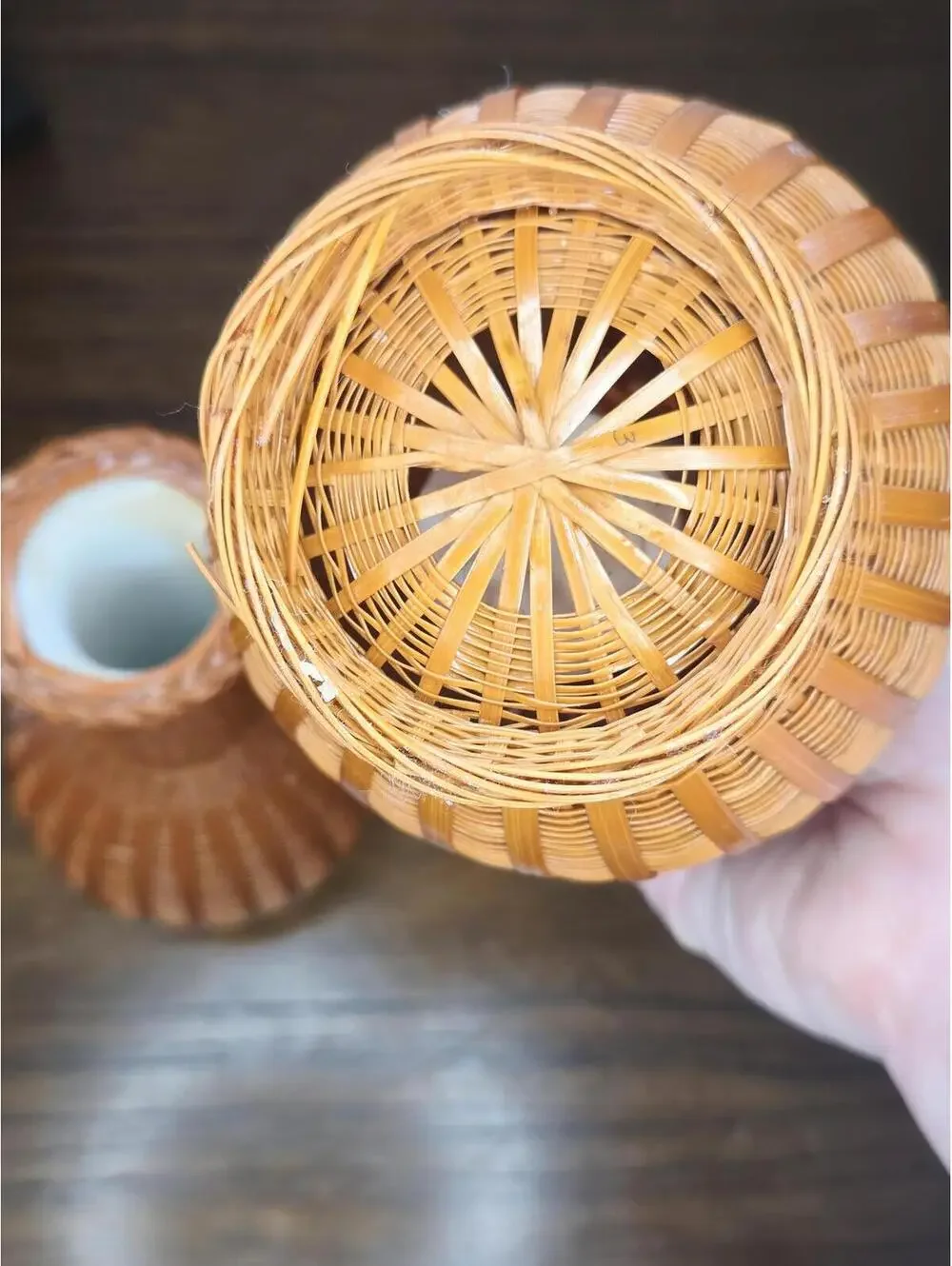 Vintage Bamboo Wrapped Ceramic Boho Vases, Set of 2